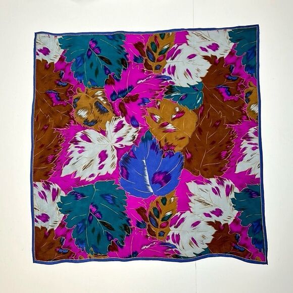 Albert Nipon for XIIX KARAT Silk Square Scarf Blue Magenta Tan Floral Vintage - Picture 4 of 9